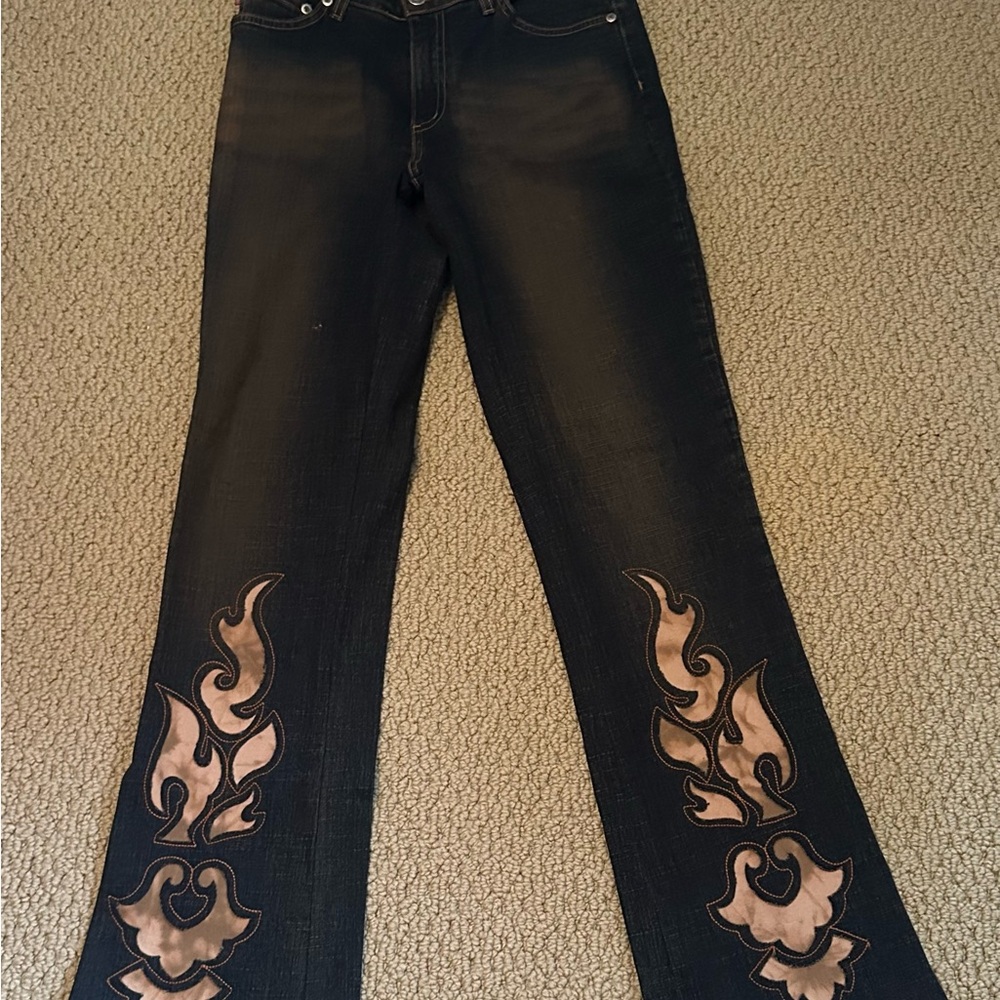 Makers USA dark denim flare Jeans with Tan Detailing